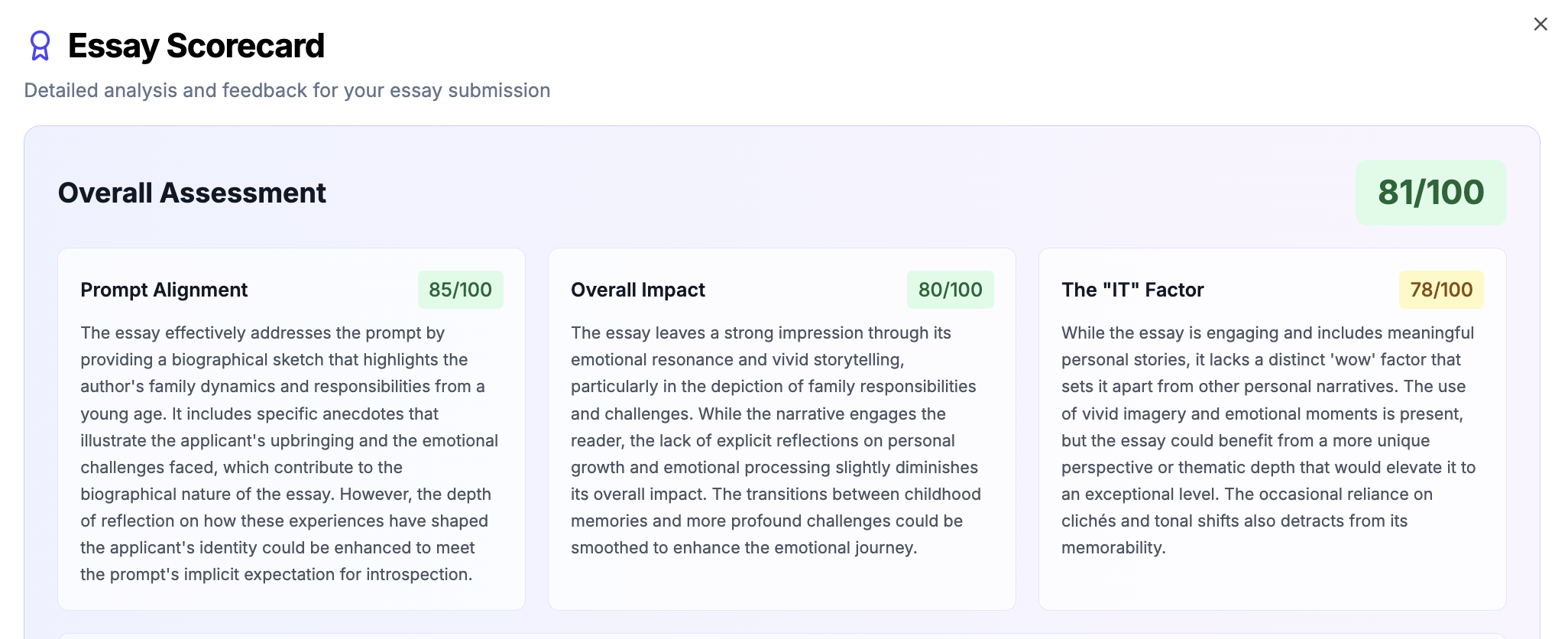 AI Essay Review Dashboard Screenshot showing the new scorecard interface with section-by-section analysis