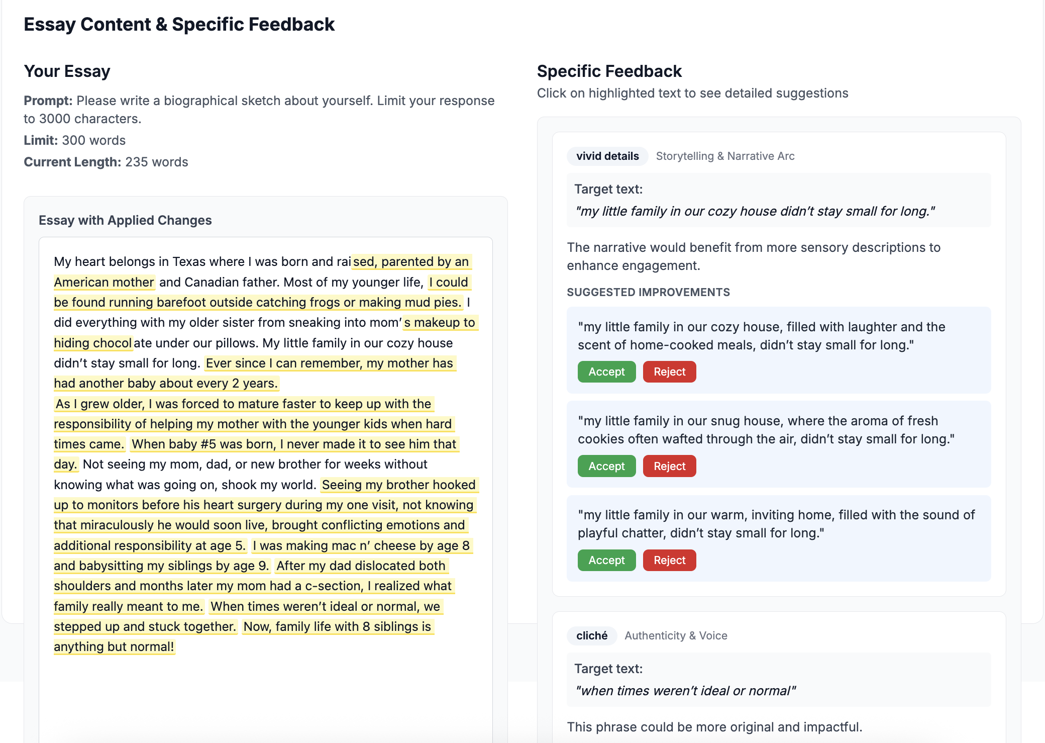 Split-screen essay analysis: common mistakes highlighted in red vs. corrected version in green